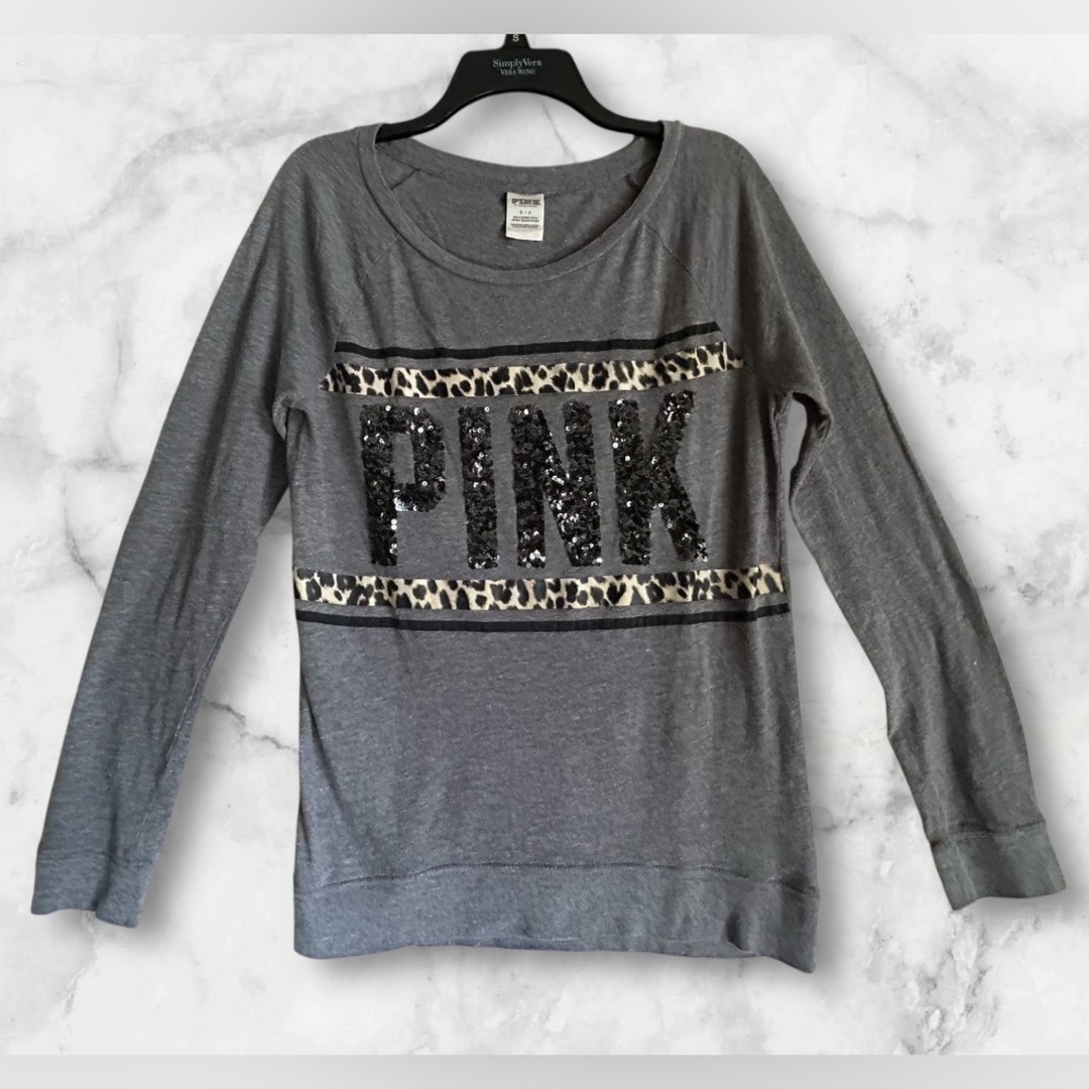 PINK Victoria’s Secret Gray Chetah Print Black Sequins Pullover Tee Size S